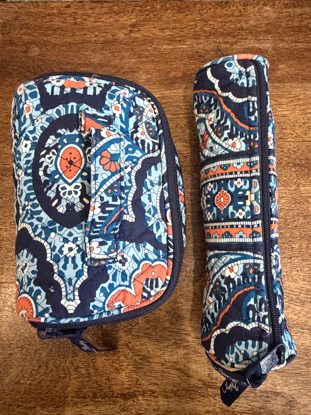 Lot of 2 Vera Bradley Marrekech Paisley Navy Blue Makeup Bags Zipper Pouch Set